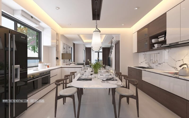 Bố trí nội thất phòng bếp hiện đại nhưng nhẹ nhàng, sang trọng. Thiết kế phòng bếp đẹp