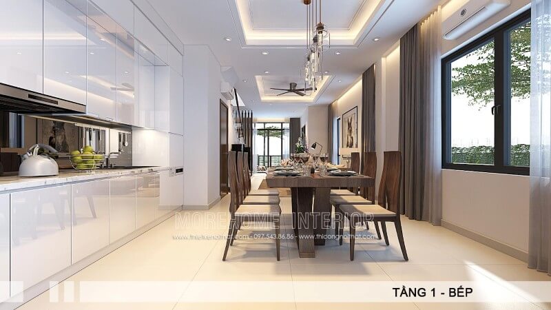 Lựa chọn phong cách hiện đại kiểu dáng chữ i ấn tượng, phần tủ bếp được thiết kế kịch trần tạo nên một không gian nhà bếp cao và thoáng đãng hơn Tủ bếp hiện đại, tủ bếp chữ u, tủ bếp chữ i, tủ bếp chữ l