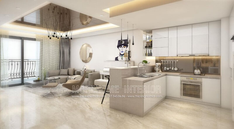 Tủ bếp gỗ công nghiệp màu trắng tạo cảm giác sáng sủa, tươi mới cũng như tăng cường ánh sáng tự nhiên mang lại cảm giác sạch sẽ tạo nên một không gian bếp hiện đại và sang trọng Tủ bếp đẹp, sang trọng và đẳng cấp