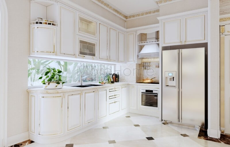 Thiết kế tủ bếp biệt thự kiểu dáng chữ L tân cổ điển đẹp mắt, từng chi tiết tinh tế trang trí đường ánh kim đơn giản tạo điểm nhấn đặc biệt giúp tăng thêm tính thẩm mỹ cho không gian nhà bếp Tủ bếp đẹp, sang trọng và đẳng cấp