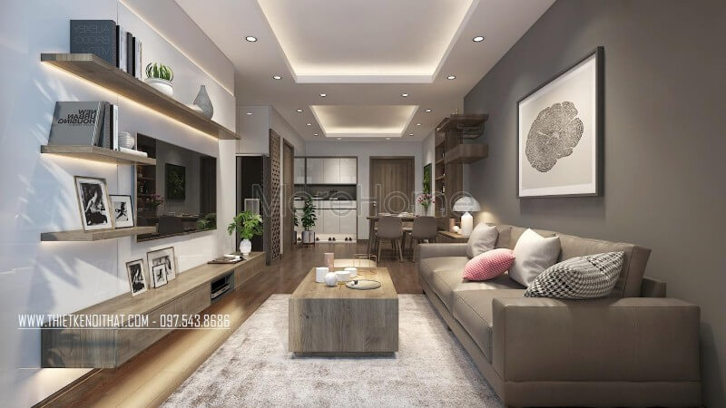 Sofa văng màu xám bọc bọc da thật cao cấp mang đến sự ấn tượng và sang trọng hơn cho phòng khách Mẫu thiết kế nội thất chung cư đẹp