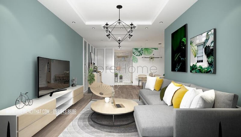 Thiết kế nội thất phòng ngủ chung cư nổi bật với gam màu xanh mát mẻ, bộ sofa ấn tượng Mẫu nội thất chung cư đẹp