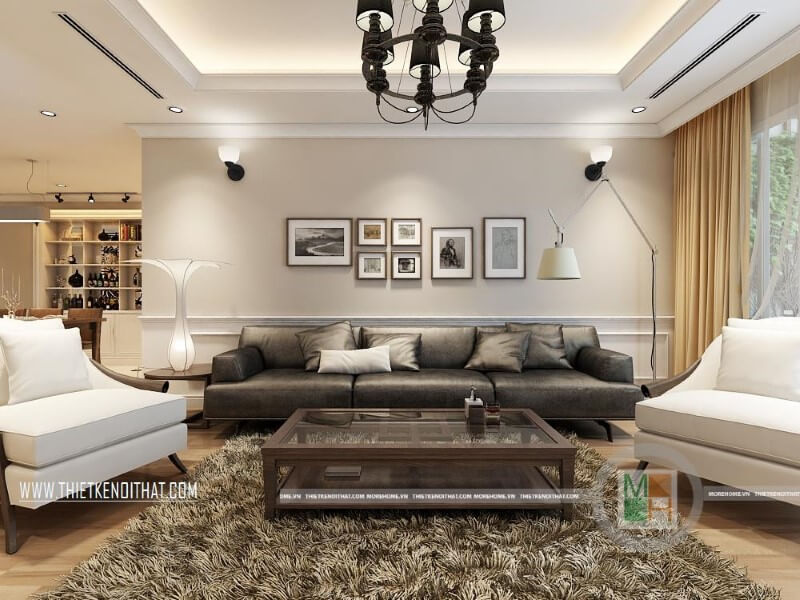 Mẫu thiết kế phòng khách cao cấp với trang trí nội thất độc đáo sử dụng thảm lông màu sẫm kết hợp bộ sofa da cao cấp thu hút mọi ánh nhìn Mẫu nội thất chung cư đẹp