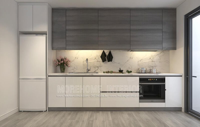 Mẫu thiết kế tủ bếp cho căn hộ chung cư kiểu dáng chữ i nhỏ gọn kết hợp chất liệu acrylic chủ đạo tạo không gian thoáng đãng hơn Tủ bếp gỗ công nghiệp và tủ bếp acrylic