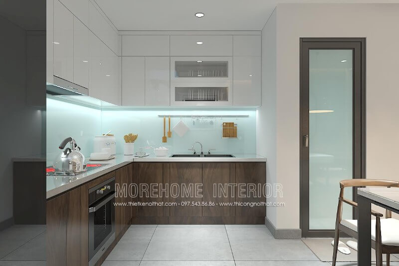 Thiết kế nội thất tủ bếp chữ i tại nhà phố An Dương Vương, Tây Hồ, Hà Nội. Tủ bếp gỗ công nghiệp và tủ bếp acrylic