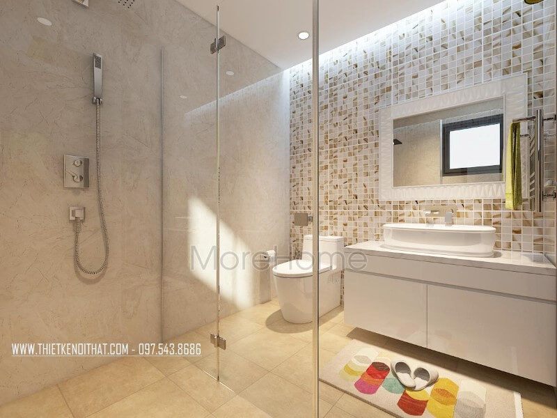 Với những khu vực thường xuyên tiếp xúc với nước, đá nhân tạo ốp tủ lavabo được coi như là vật liệu hoàn hảo cho không gian phòng tắm sang trọng