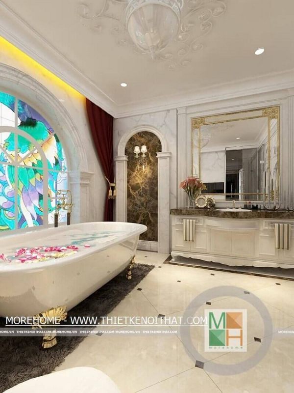 Mẫu kệ tủ lavabo gỗ tự nhiên màu trắng, ốp đá nâu vân mây sạch sẽ và dễ dàng vệ sinh