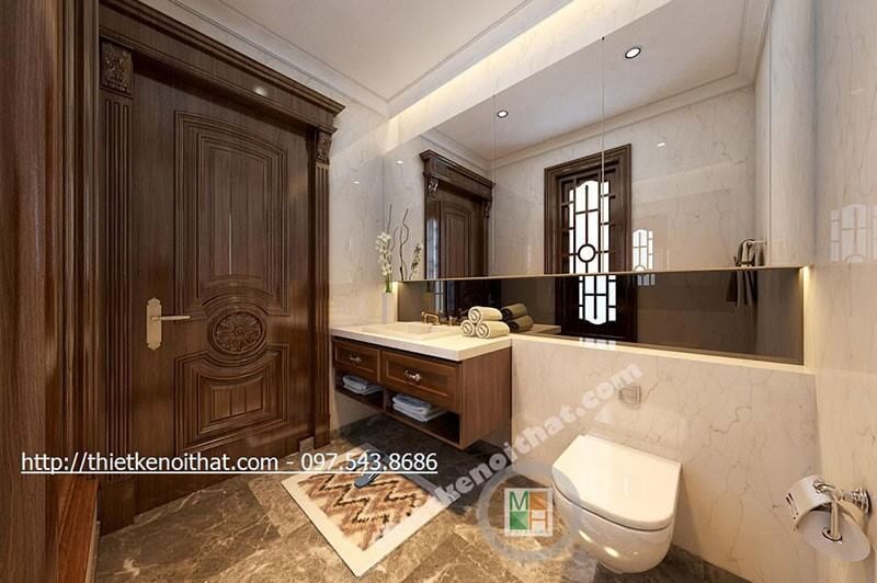 Mẫu kệ tủ lavabo gỗ tự nhiên ốp đá nhân tạo màu trắng vân mây cho phòng tắm