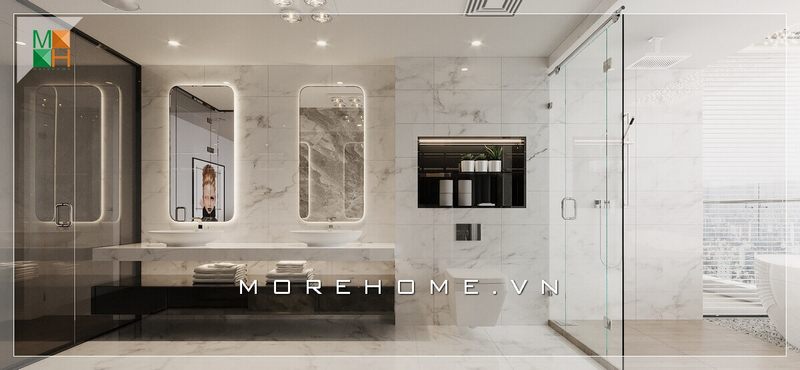 Mẫu thiết kế lavabo kèm gương đôi sang trọng cho phòng tắm chung cư, nhà phố, biệt thự hiện đại