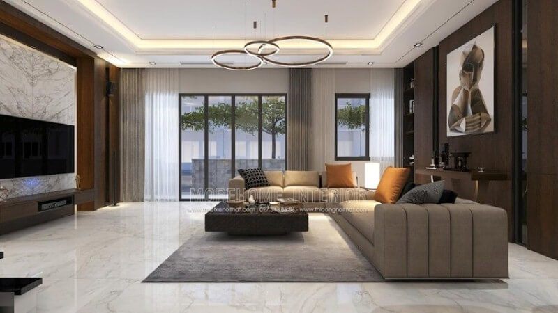 Bố trí nội thất phòng khách đẹp, sang trọng phù hợp với không gian biệt thự, nhà ở cao cấp tại các khu đô thị.