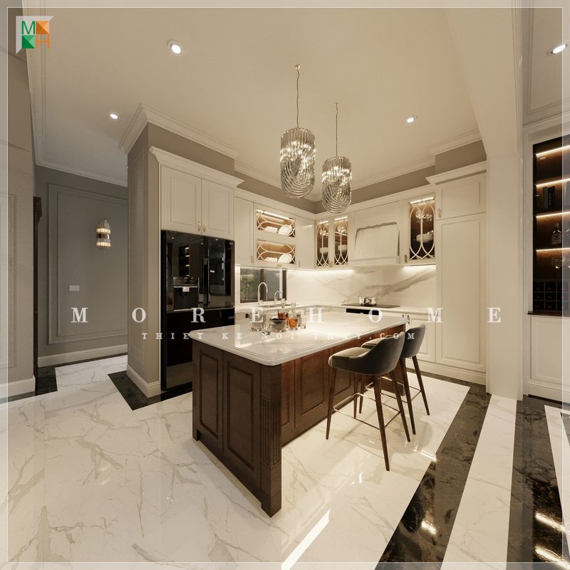 Thiết kế phòng bếp ăn đẹp tiện nghi sang trọng cho biệt thự được thiết kế bởi đội ngũ KTS của Morehome.