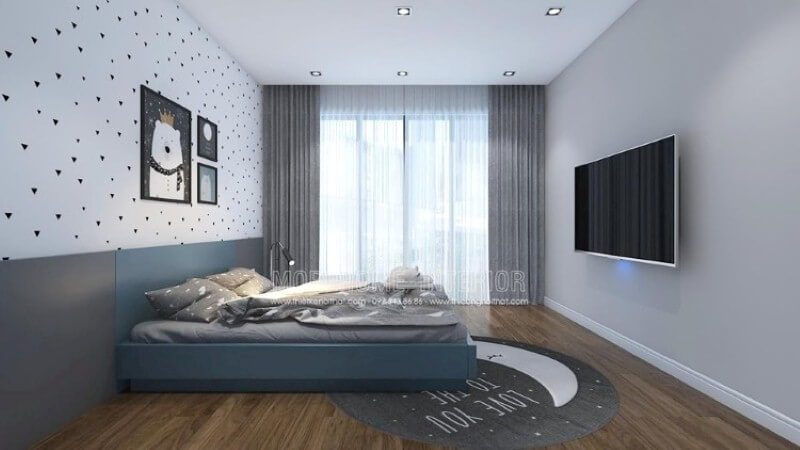 Giấy dán tường phòng trẻ em đơn giản cùng bộ tranh hình con vật ngộ nghĩnh giúp phòng bé trở nên sinh động, đáng yêu.