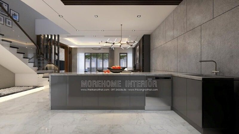 Bố trí nội thất phòng bếp biệt thự hiện đại mới lạ với ý tưởng sử dụng bếp đảo tách rời nhưng vẫn đảm công năng thiết kế khi trang bị máy rửa bát, bồn rửa, tủ nhiều ngăn và bề mặt lớn đá nhân tạo có thể giúp bạn trưng bày lượng lớn các món ăn của mình.