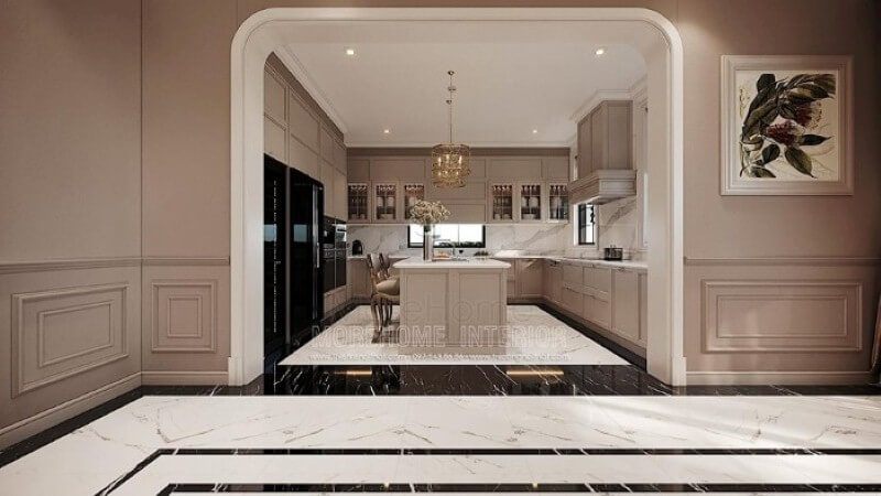 Trang trí nội thất phòng bếp chữ U phong cách đương đại đẹp, sang trọng tại biệt thự cao cấp Hải Phòng.
