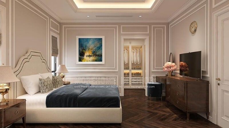 Trang trí nội thất phòng ngủ tân cổ điển có tủ quần áo khoa học, phong thủy.