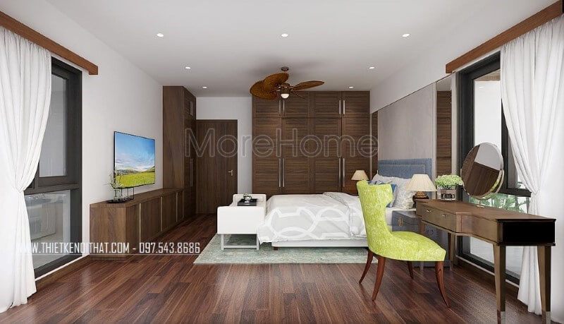 Sàn gỗ, bộ bàn ghế trang điểm, tủ quần áo, kệ tivi, cửa gỗ gỗ óc chó đã tạo nên vẻ đẹp sang trọng, độc đáo trong phong cách hiện đại tại phòng ngủ vợ chồng mặc dù với phong cách này đồ nội thất gỗ công nghiệp thường là lựa chọn phổ biến.